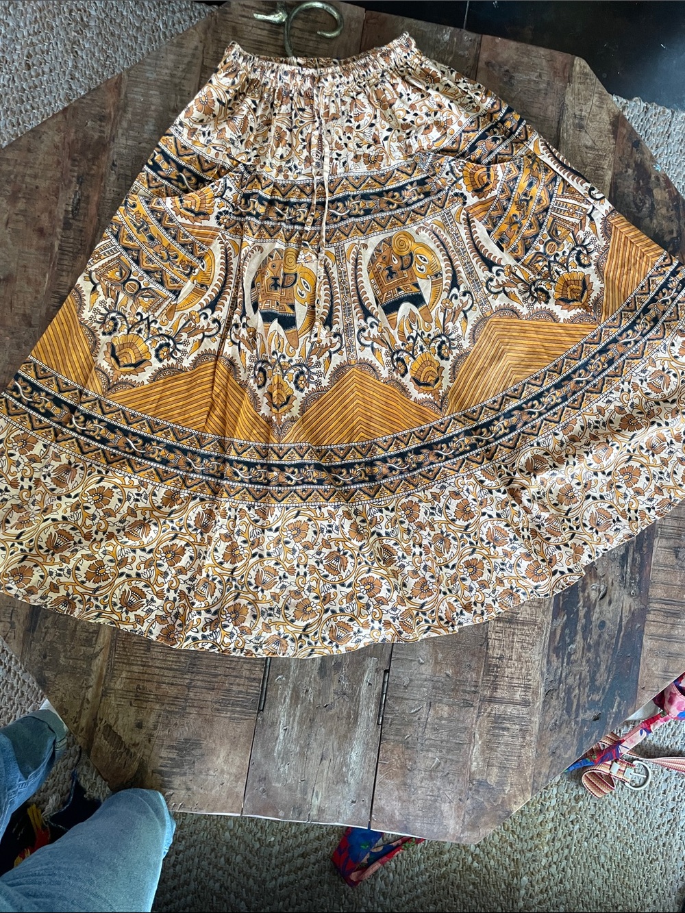 Boho Circle Skirt with Mustard and Cream Elephant Motif